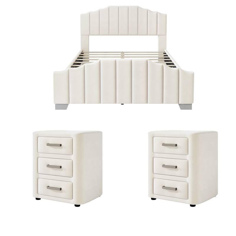 Velvet Upholstered Platform Bed Frame Vertical Channel Wingback Bed Tufted Headboard Footboard, Low Profile Panel Bed