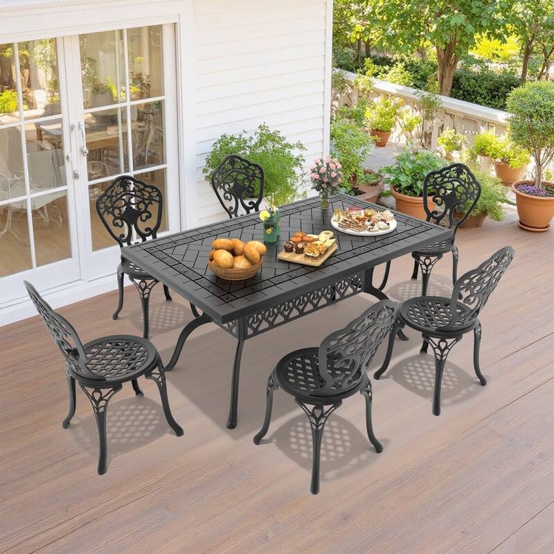 Traditions 7-Piece Patio Outdoor Dining Set with 6 Dining Chairs and Rectangular Dining Table, Rust Free - Black