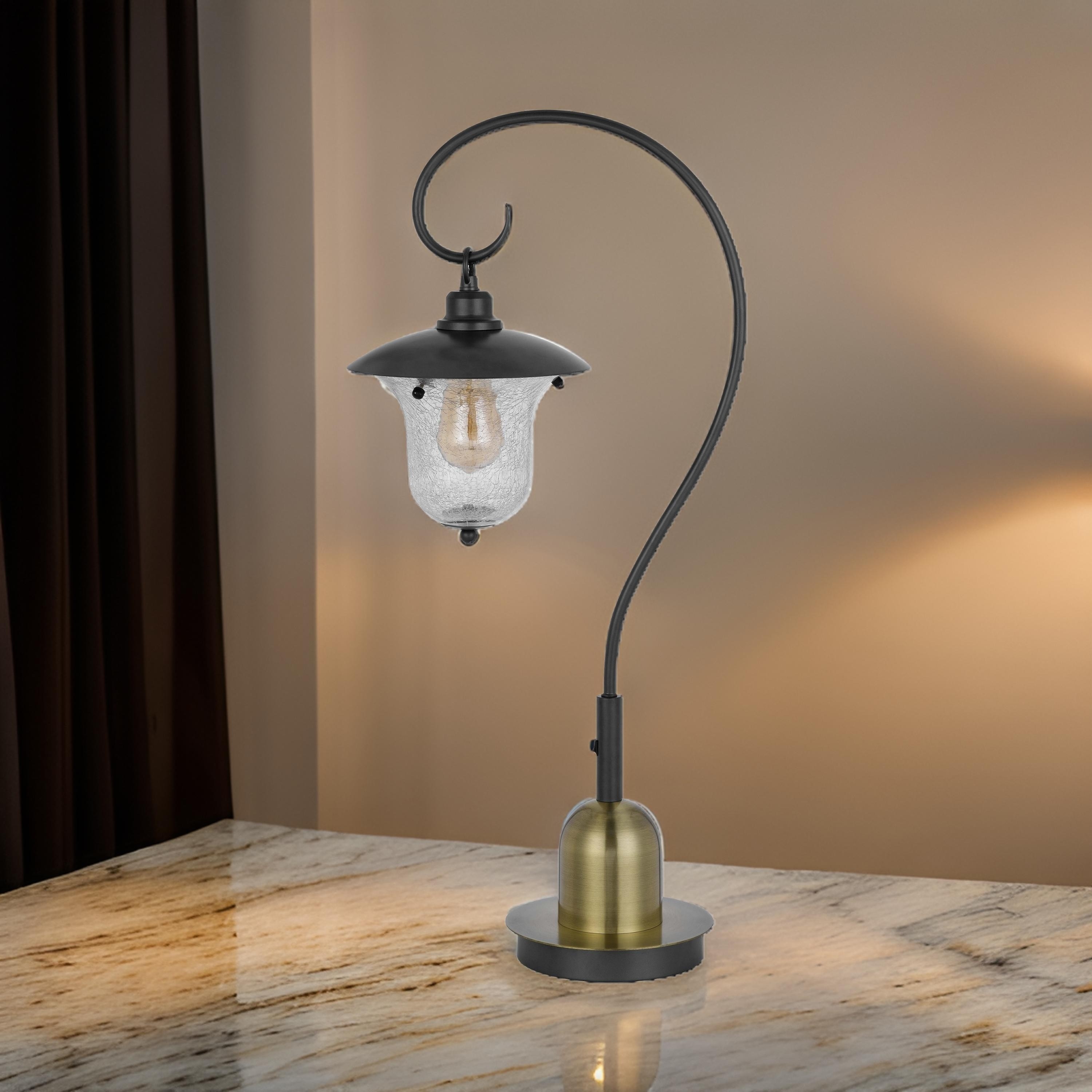 Lem 32 Inch Table Lamp, Classic Lantern, Glass Shade, Bronze Metal