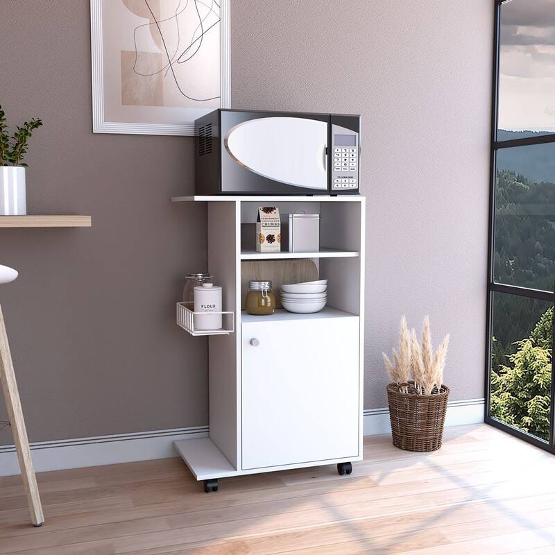 Modern Kitchen cart 39" H, Single Door Cabinet, Four Wheels, One Side Shelf, White