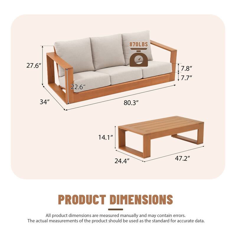 Outdoor Conversation Set 2-Piece Eucalyptus Wood 3-Seater Sofa Weather‑resistant Rope Weave with Coffee Table