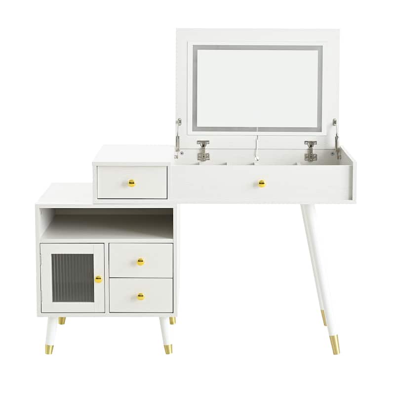 3-in-1 Vanity Desk with Lighted Flip-Top Mirror & Adjustable Cabinet, Makeup Dressing Table with Stool, Dresser with Drawers