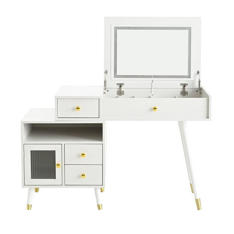 Extendable Makeup Dressing Table with Stool, 3-in-1 Makeup Vanity Desk with Flip-Top Mirror & 3-Color LED Light, White