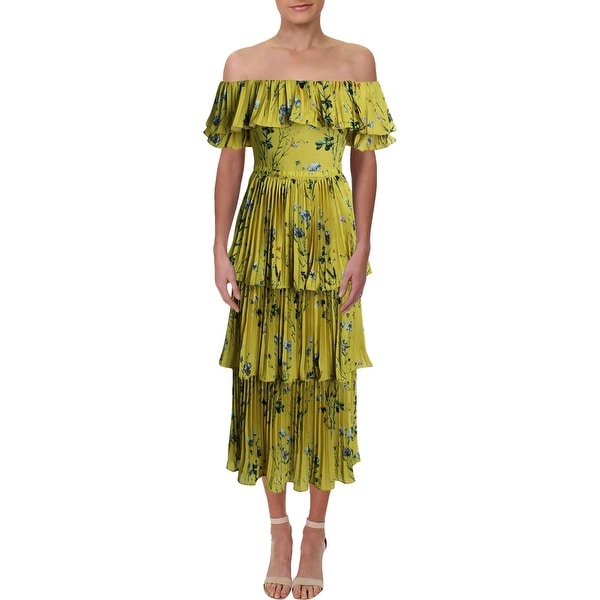 aqua pleated tiered floral maxi dress