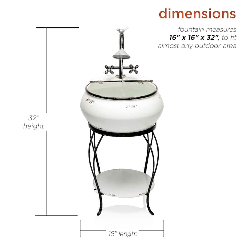 Alpine Corporation 32 Indoor Outdoor Antique Metal Sink Water Fountain with Stand Charming Waterfall Feature for Garden, White