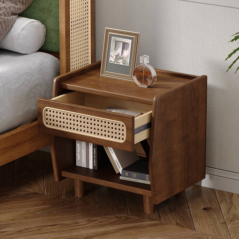 Christopher Knight Home - Zessia Retro 19" Wood Nightstand with Woven Drawer and Open Shelf - Walnut