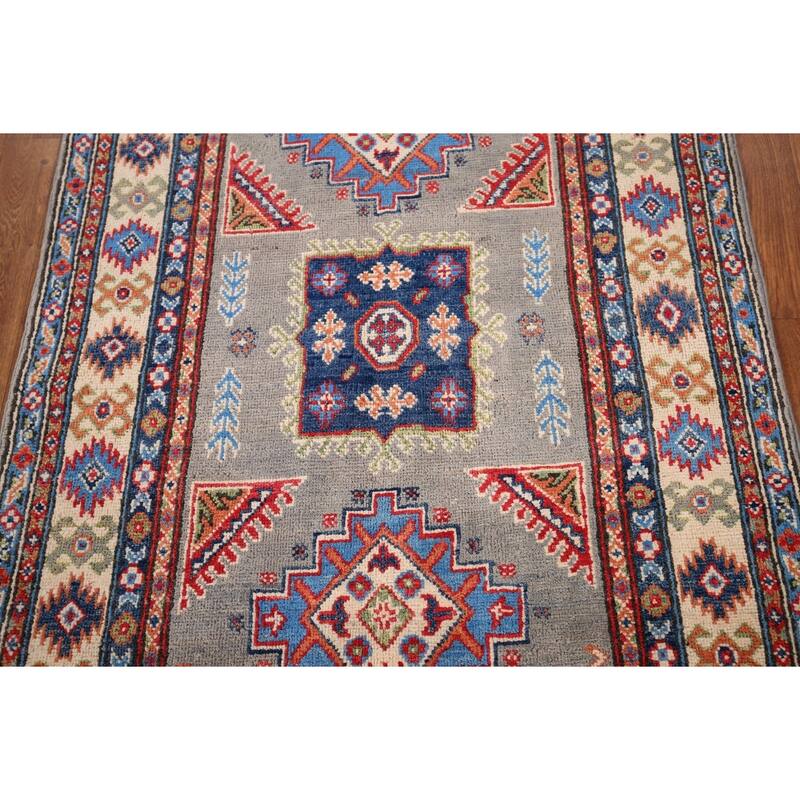 Geometric Kazak Accent Rug Hand-Knotted Traditional Wool Carpet - 3'2" x 5'0"