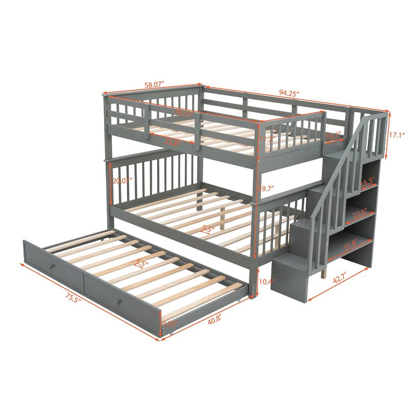 Stairway Full-Over-Full Bunk Bed with 1 Twin Trundle, 4 Open Shelves and Guard Rail