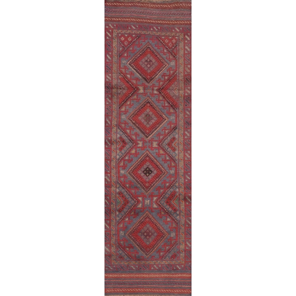 Hand Knotted Oriental 100% Wool Carpet Traditional Tribal Navy Blue & Blues Balouch Runner Rug - 7' 9'' X 1' 10''