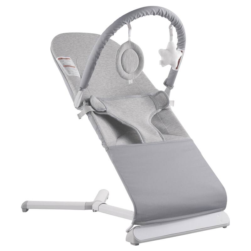 Light Grey Adjustable Baby Bouncer Seat with Toy Bar and 2 Recline Angles Foldable Rocker with Harness