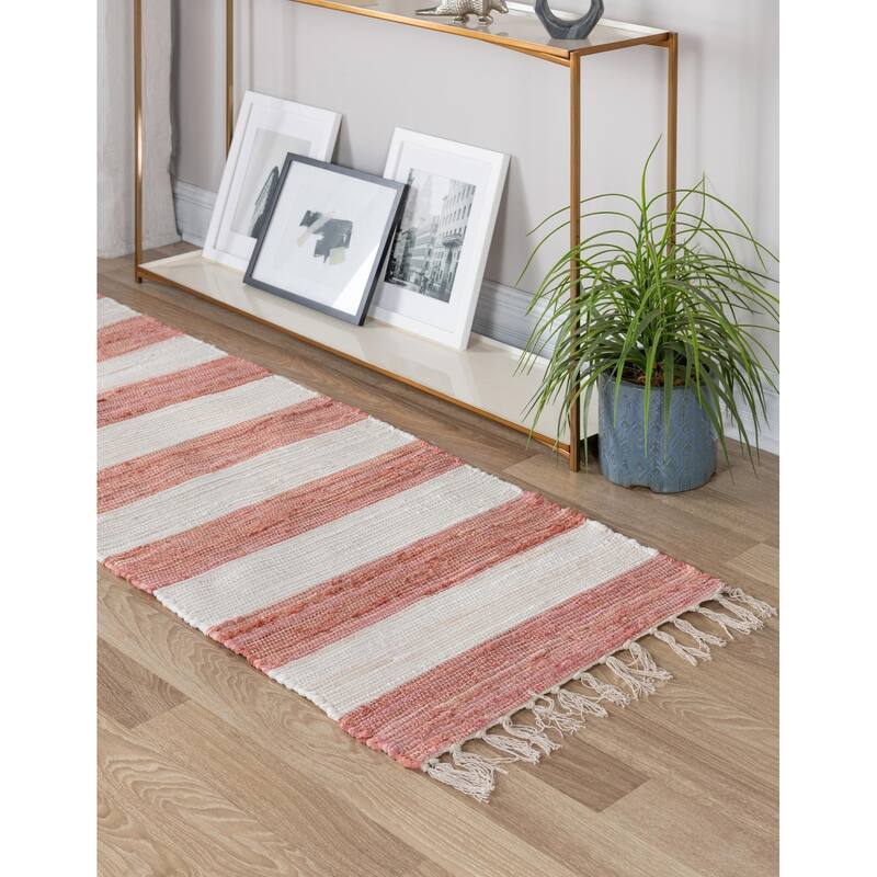 Solid/Striped Emaburn Collection Area Rug - 2'7"x12' - Coral-Ivory