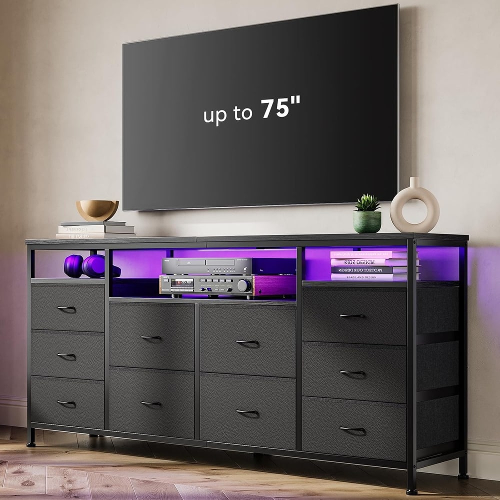 63.3 Inch Black Dresser for Bedroom, 10 Drawer Dresser TV Stand