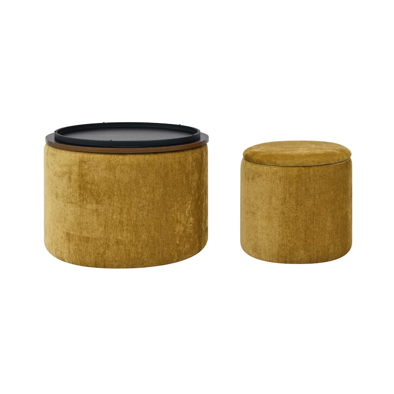 2-Piece Set Round Chenille Storage Ottoman, Equipped with a Drum Shaped Small Stool,Storage Space