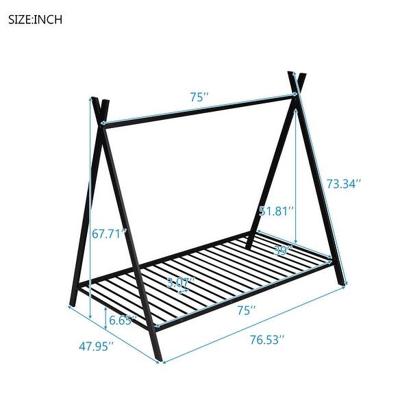 Black Twin Size Metal House Tent Floor Play Bed with Slat for Kids, Girls and Boys