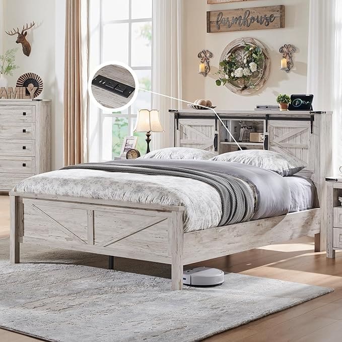 Farmhouse Full Size Bed Frame with Storage Shelves & Charging Station - Antique Brushed White