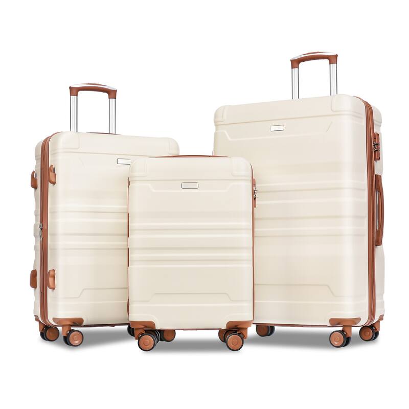 3 Pcs Luggage Set, Expandable ABS Hardshell Suitcases Spinner Wheels with TSA Lock 20''24''28'' - Beige+Brown