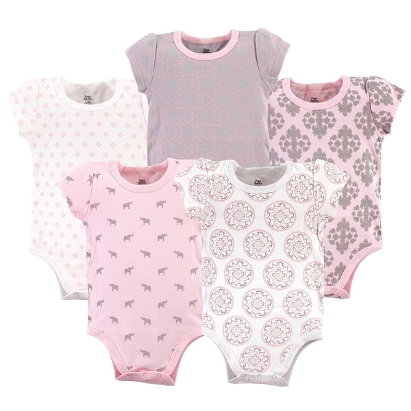 slide 1 of 1, Yoga Sprout Baby Girl Cotton Bodysuits 5pk, Boho Elephant 0-3 Months - Boho Elephant