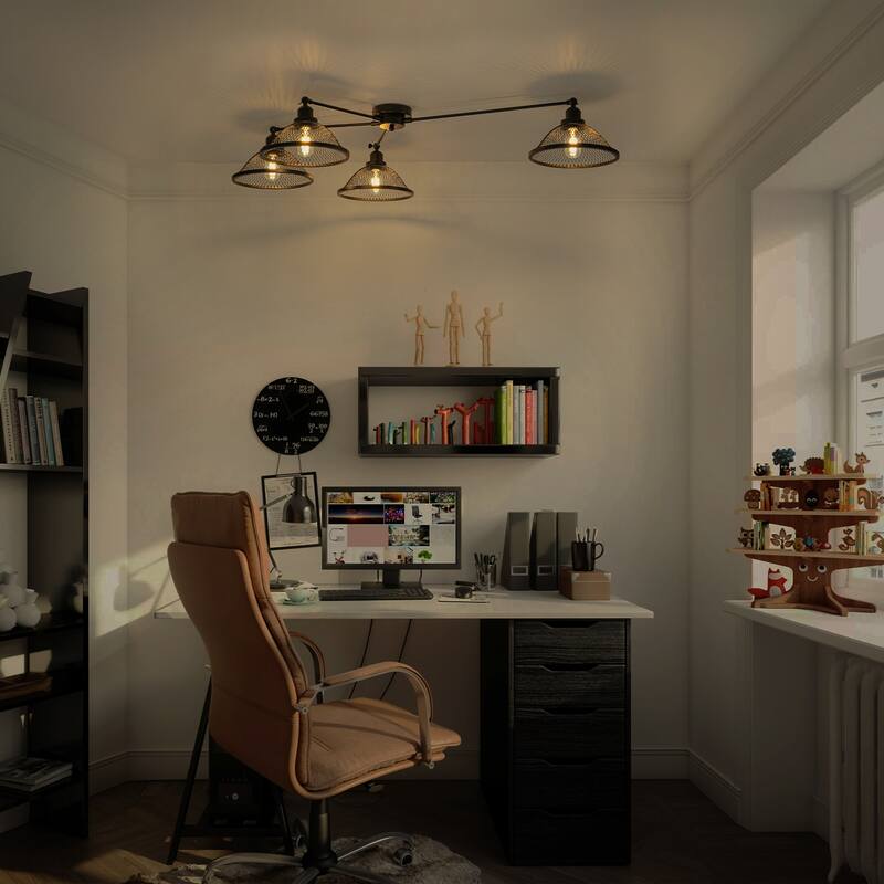 4 Lights Industrial Cone Shaped Iron Mesh Flush Mount Ceiling Light - Dia.47.24-in