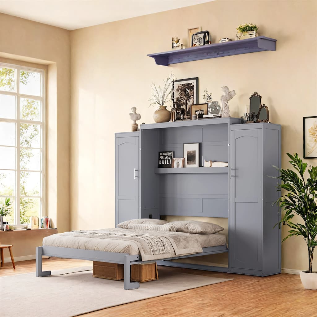 Multifunctional Foldable Platform Bedframe Full Size Murphy Bed with Two Wardrobe for Guest-Room