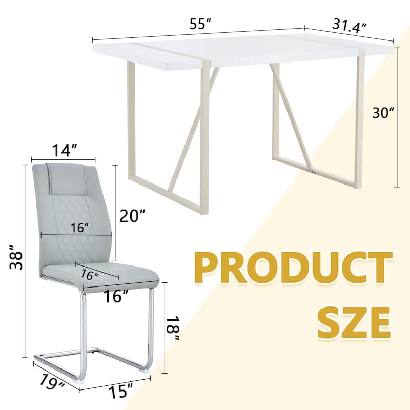 Roomfitters 5pcs Cream Style MDF Dining Table Set with Chairs and Silver Metal Legs, Soft Neutral Design, Light Gray