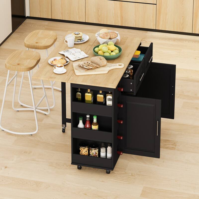 Rolling Kitchen Island Cart with 5-Layer Wine Rack, Adjustable Spice Rack, Towel Holder & Foldable Rubberwood Table Top