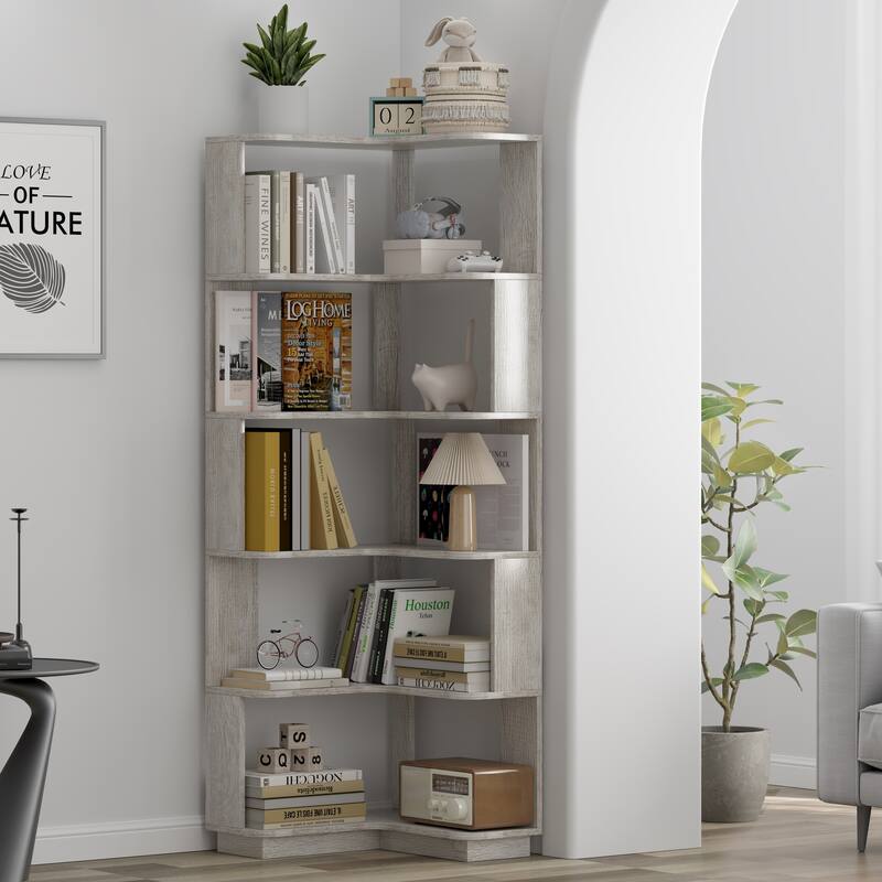 GDFStudio - Elysande Wood Corner Bookcase with 6-Tier Anti-Fall Design