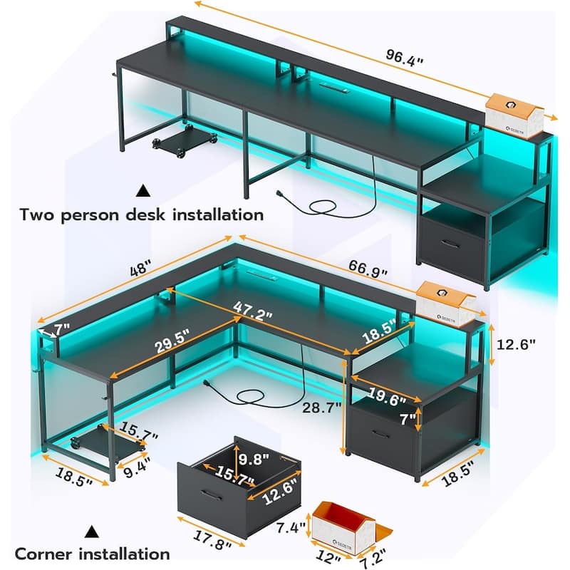 L Shaped Home Office Desk Computer desk File Drawer Power Outlet