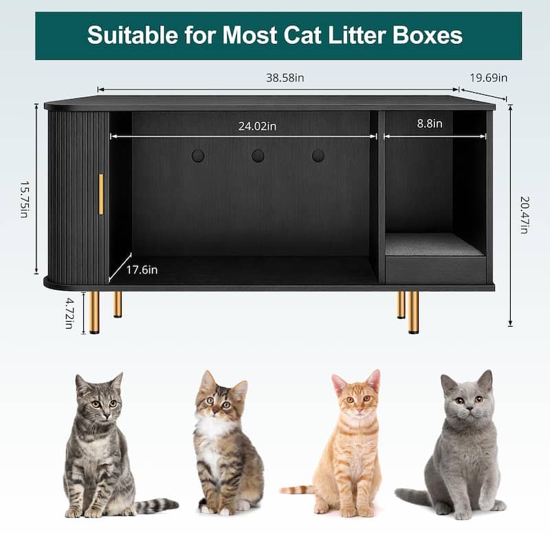 38.5" Cat Litter Box Enclosure with Scratch Pad and Sliding Door,Cat Hidden Litter Box Cabinet,Modern Indoor Cat House,TV Stand