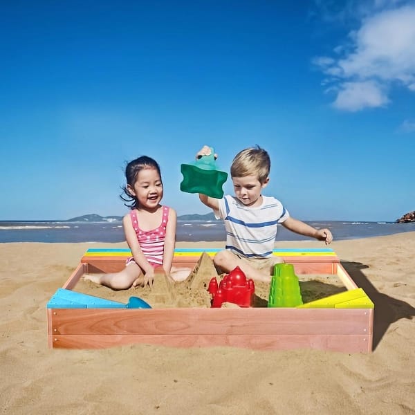 slide 2 of 5, 47.25"L x47.25"W x 7.87"H Children's Wooden Sandbox Golden+Red - 5-7 Years