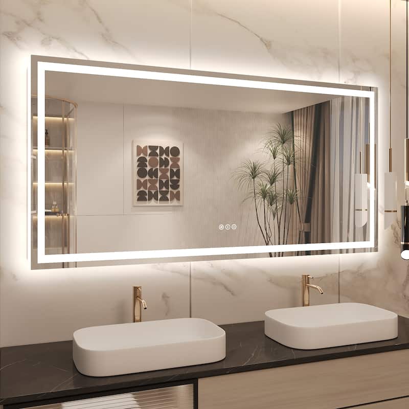 Frameless LED Front Light and Backlit 3 Colors Dimmable Anti-Fog Wall Bathroom Vanity Mirror - 60" x 30"-Square Corner