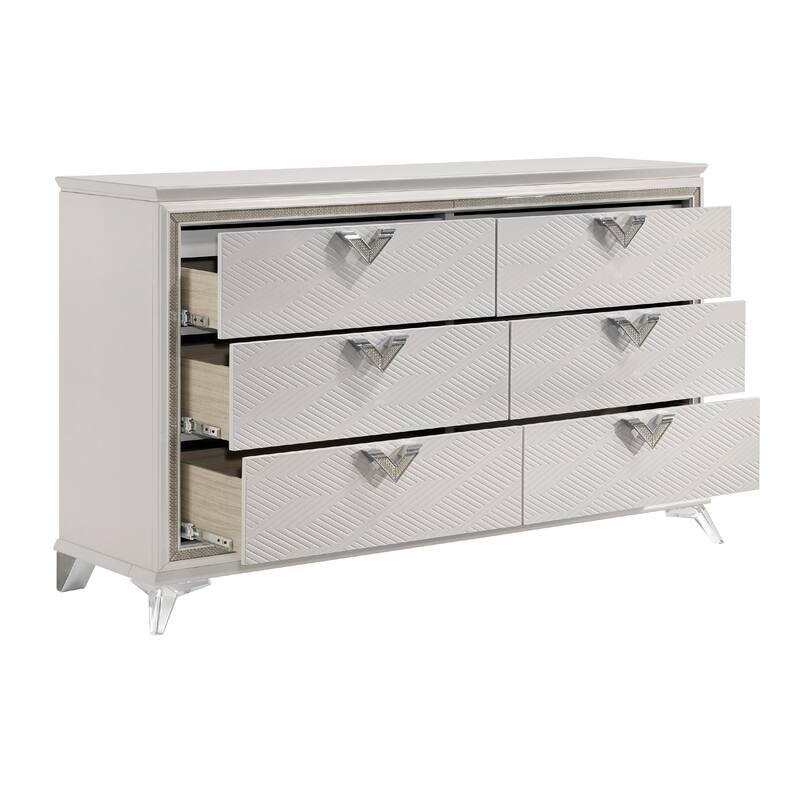 Dery 65 Inch Dresser, 6 Drawers Chrome Triangle Handle, White and Gold