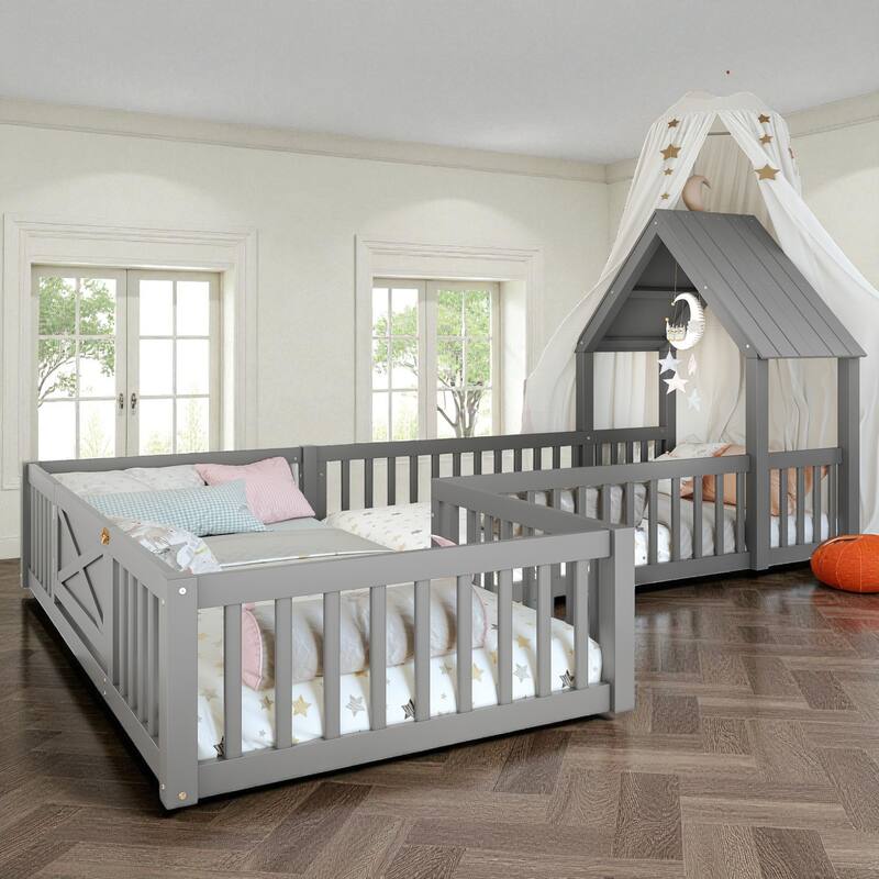 Twin/Full Size House Floor Bed with Door and Guardrails, Double Twin/Full Solid Wood Montessori Bed for Kids