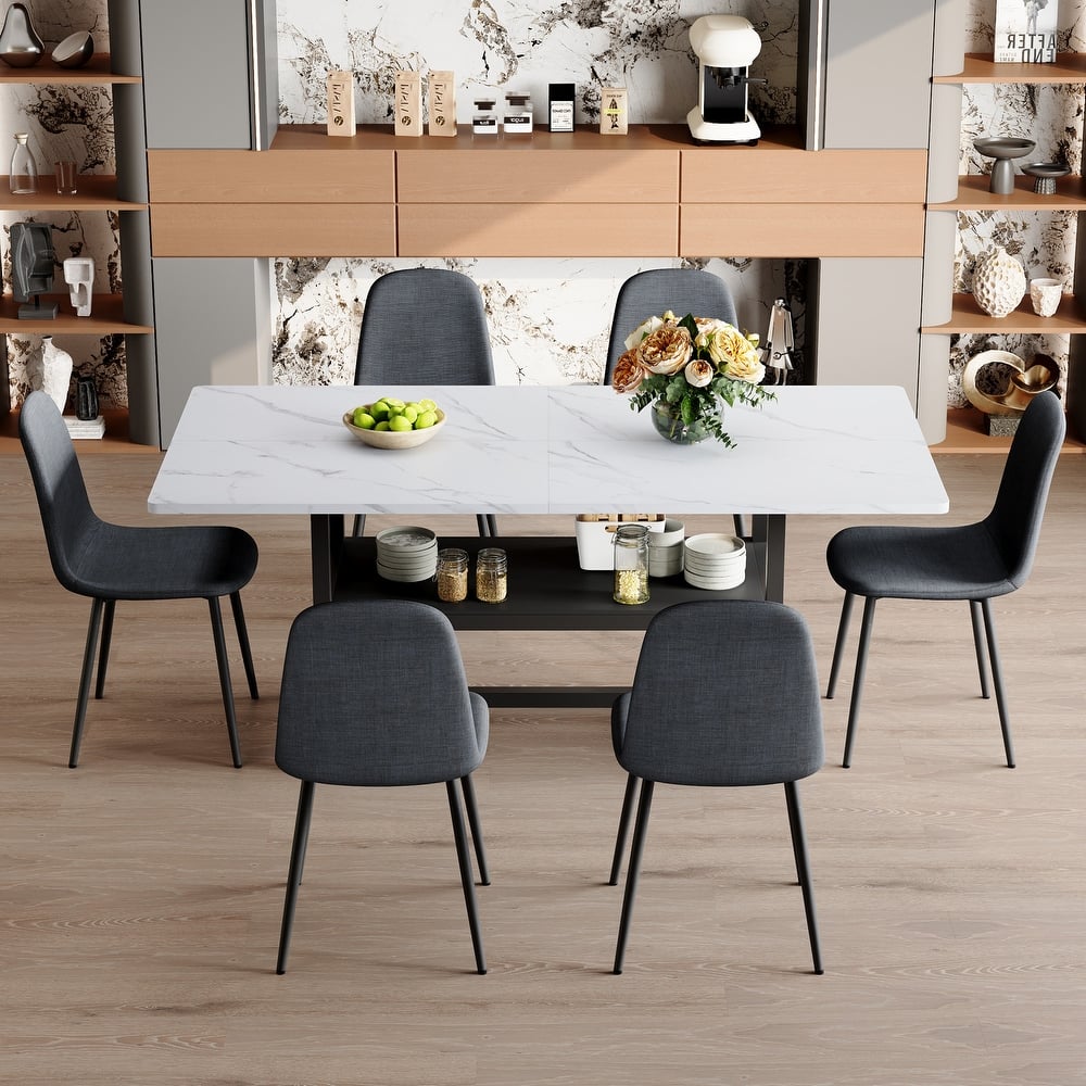 7-Piece Modern Dining Table Set, 71x35.4 Inch Wood Grain Table with 6 Linen-Cotton High