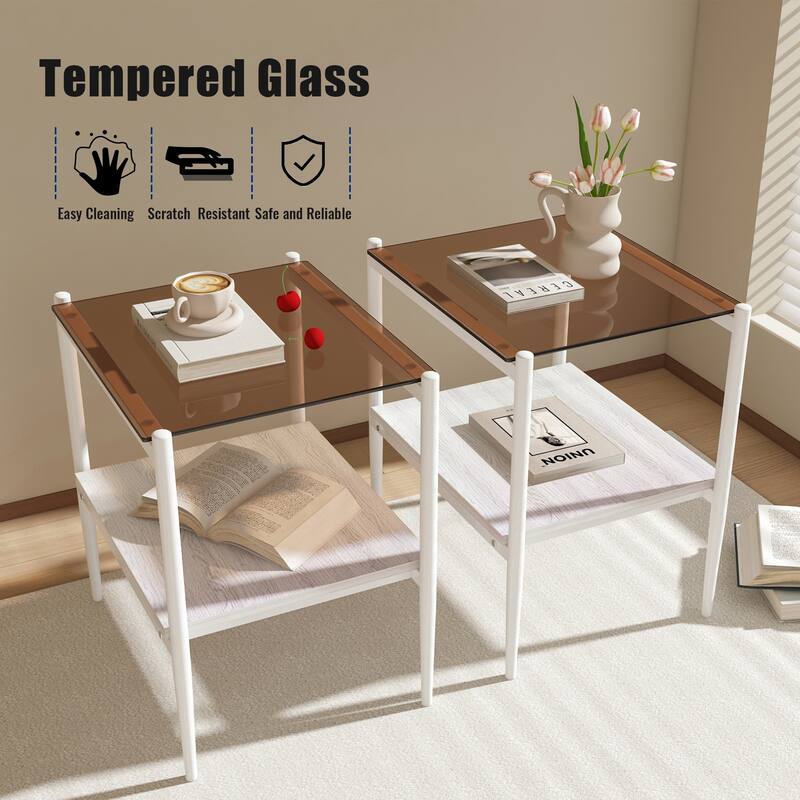 Set of 2 Rectangle End Table Tempered Glass Tabletop with MDF layer