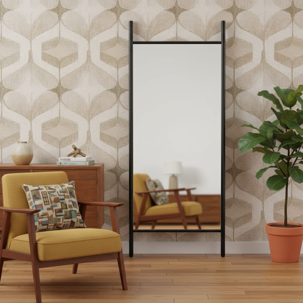 HomeRoots 64" Black Solid Wood Ladder Leaning Framed Full Length Mirror - 21.00 in. x 64.00 in. x 0.79 in.