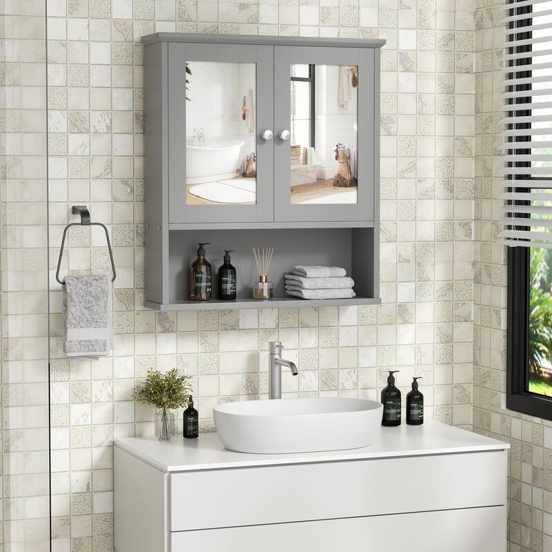 Futzca Bathroom Cabinet with Mirror, Wall Medicine Cabinet with Shelf - Grey