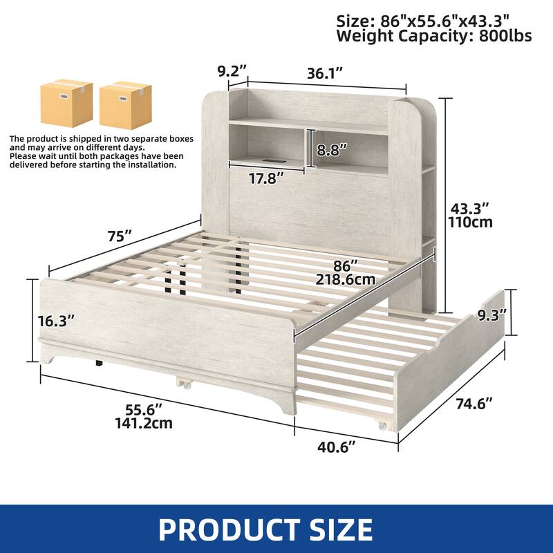 Moasis Bed Frame with Bookcase Storage Headboard and Charging Station,RGB LED Lights Bed with Wooden Support for Bedroom