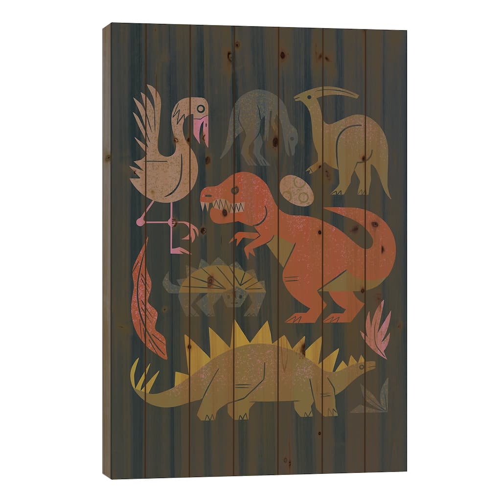 Jurassic Friends (Cool Black) Print On Wood by Renea L. Thull - Multi-Color