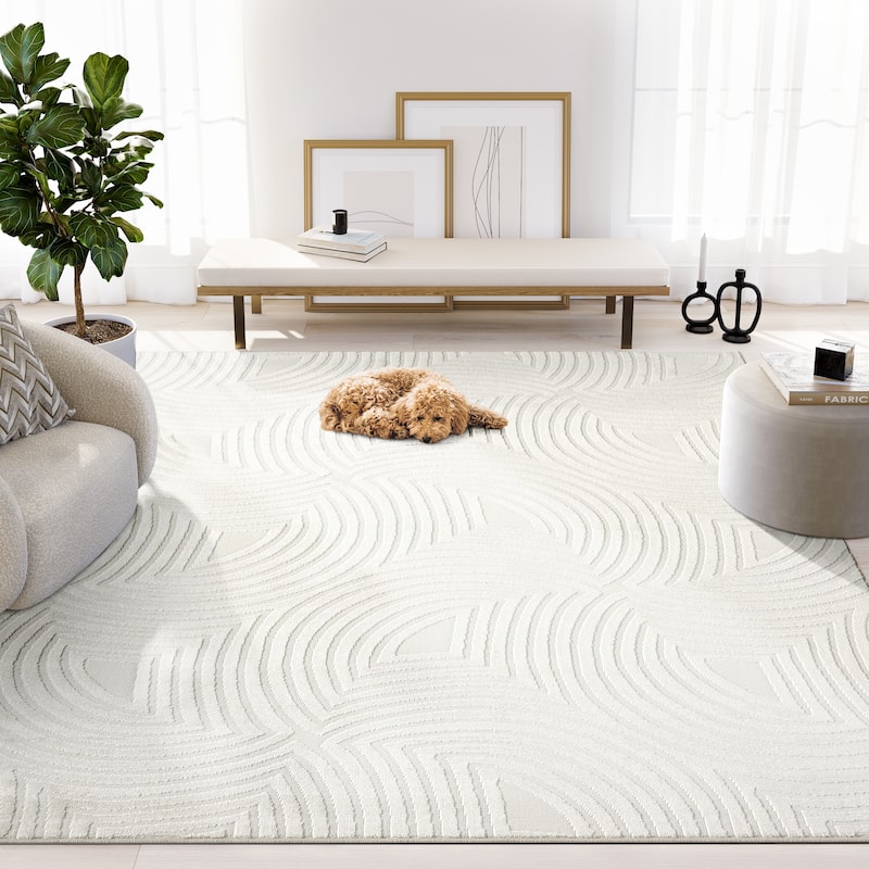Abani Neutral NTL170A Cream Tone-on-Tone Semi-Circle Geometric Lines Area Rug - 6' x 9'