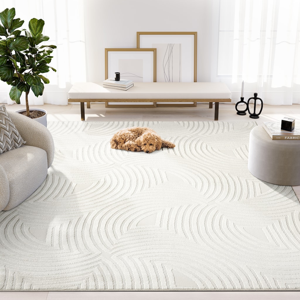 Abani Neutral NTL170A Cream Tone-on-Tone Semi-Circle Geometric Lines Area Rug