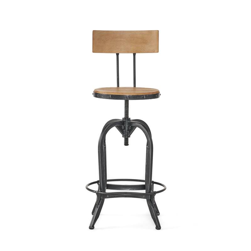 HomeRoots Natural and Black Wood and Metal Low Back Adjustable Height Swivel Bar Chair