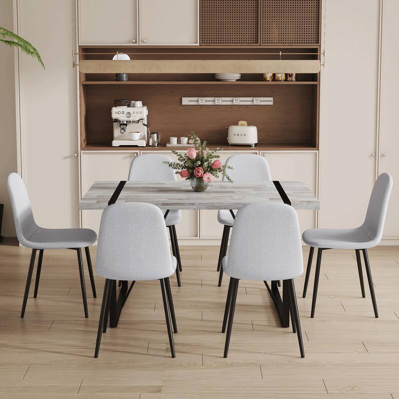 Roomfitters 5/7pcs Retro Dining Table Set with Textured Top and Linen Fabric Chairs, Black Metal Legs, Light Gray