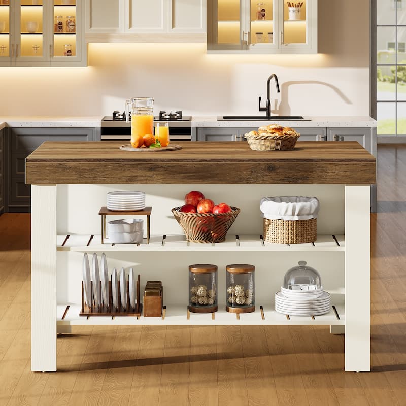 55.1-Inch Kitchen Island with Seating and Storage Shelves