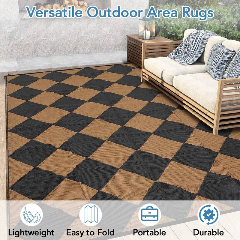 Outdoor Rug Waterproof Reversible Rug Plastic Straw Rug Checkered Floor Mat Outside Carpet for Camping RV Backyard Patio