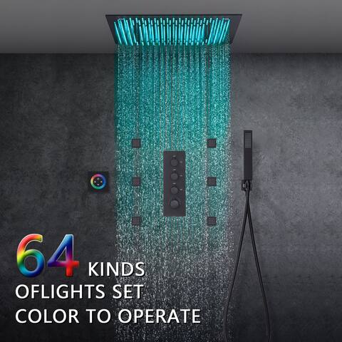 Matte black 20 inch 64 LED color light rain head 3 way thermostatic shower - 7'6" x 10'9"
