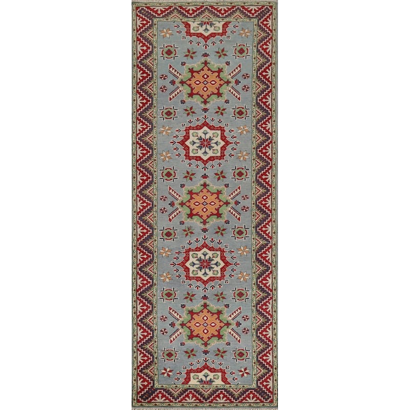 Light Blue Kazak Runner Rug Hand-Knotted Oriental Wool Carpet - 2'9" x 9'7"