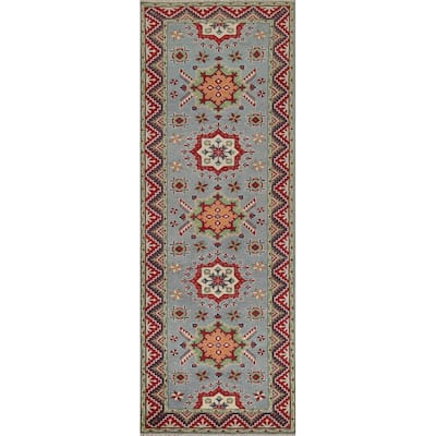 Light Blue Kazak Runner Rug Hand-Knotted Oriental Wool Carpet - 2'9" x 9'7"