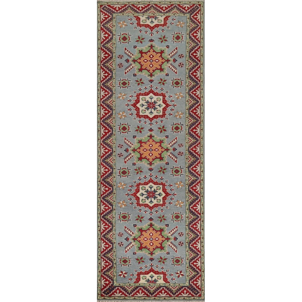 Light Blue Kazak Runner Rug Hand-Knotted Oriental Wool Carpet - 2'9" x 9'7"