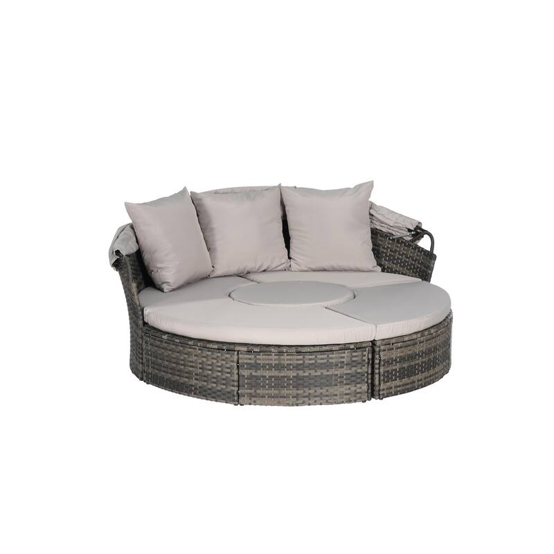 Outdoor Patio 4 Pieces Round Daybed Sunbed with Retractable Canopy, All-weather Wicker Sectional Seating Conversation Set