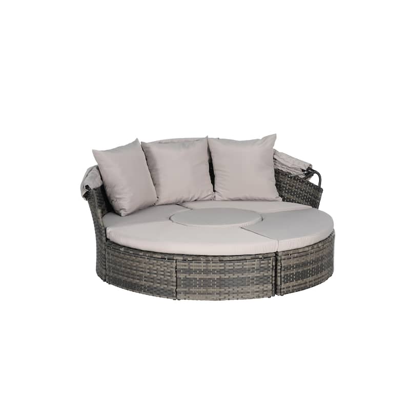 Outdoor Rattan Daybed Round Sunbed with Retractable Canopy, 5 Piece Sectional Patio Conversation Set with Storable Table
